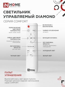 Светильник светодиодный COMFORT DIAMOND 75Вт 230В 3000-6500K 6000Лм 500x105мм с пультом ДУ IN HOME, Потолочные светильники