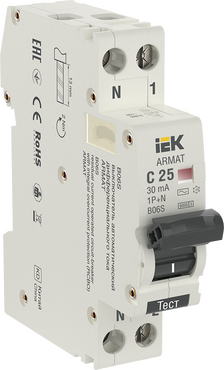 Дифференциальный автомат B06S 1Р+NP C25 30мА тип AC (18мм) ARMAT IEK, Дифференциальные автоматы