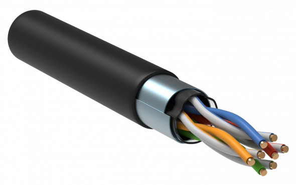 Кабель связи витая пара внешний экранированный F/UTP 4PR 24AWG 4х2х0,45 CU CAT5e черный 305м OUTDOOR IEK, витая пара экранированный кабель