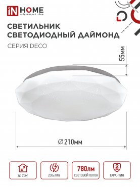 Светильник светодиодный серии DECO ДАЙМОНД 12Вт 230В 6500К 1080Лм 210х55мм IN HOME, Потолочные светильники