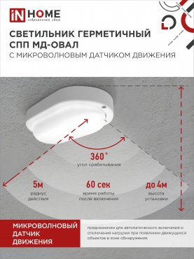 Светильник светодиодный герметичный СПП МД-1565-ОВАЛ 15Вт 6500К 1350Лм с микроволновым датчиком IP65 160х88мм IN HOME, Светильники ЖКХ