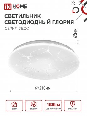 Светильник светодиодный серии DECO ГЛОРИЯ 12Вт 230В 4000К 1080Лм 210х65мм IN HOME, Потолочные светильники