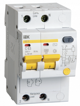 Дифференциальный автомат АД12 2Р 63А 30мА характеристика С IEK, Дифференциальные автоматы