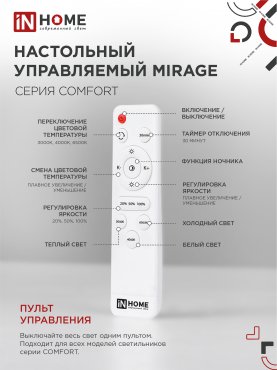 Светильник светодиодный COMFORT MIRAGE 55Вт 230В 3000-6500K 4400Лм 400x70мм с пультом ДУ IN HOME, Потолочные светильники