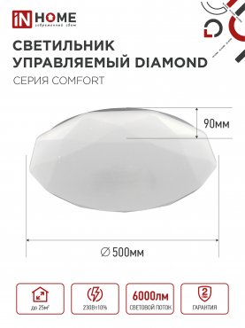 Светильник светодиодный COMFORT DIAMOND 75Вт 230В 3000-6500K 6000Лм 500x105мм с пультом ДУ IN HOME, Потолочные светильники